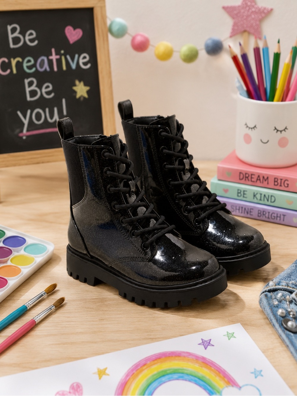 art class Rochelle Glitter Black Kids Lace Up Zipper Lug Sole Moto Boots Size 2